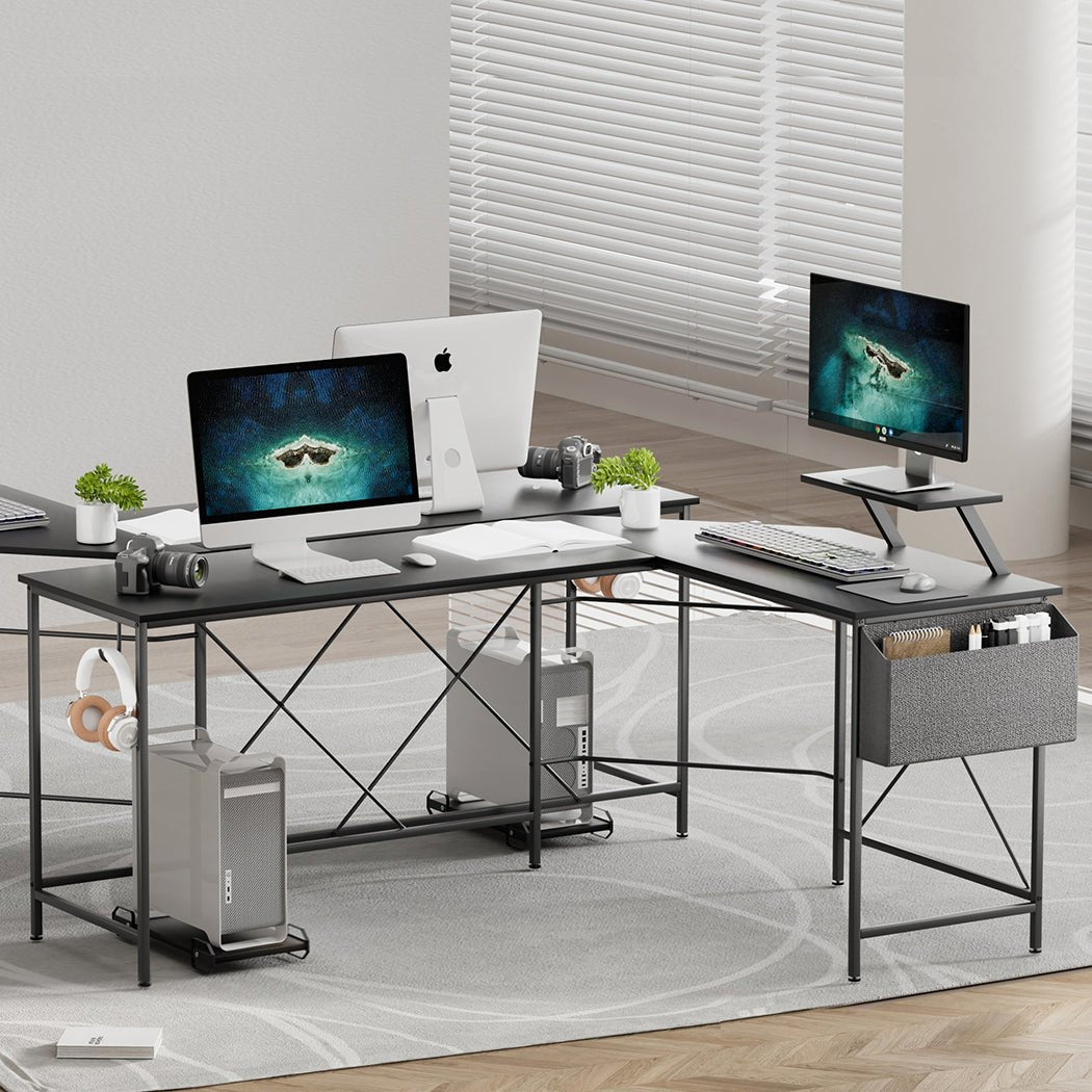 L - Shaped Computer Corner Desk with Monitor & CPU Stand - Black - Rivercity House & Home Co. (ABN 18 642 972 209) - Affordable Modern Furniture Australia