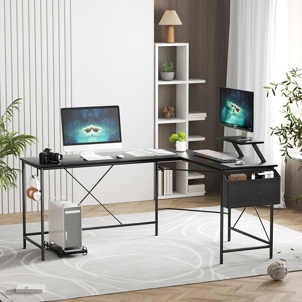 L - Shaped Computer Corner Desk with Monitor & CPU Stand - Black - Rivercity House & Home Co. (ABN 18 642 972 209) - Affordable Modern Furniture Australia