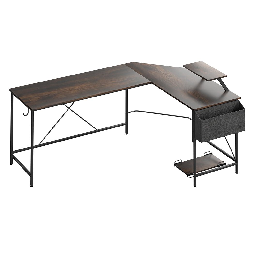 L - Shaped Computer Corner Desk with Monitor & CPU Stand - Brown - Rivercity House & Home Co. (ABN 18 642 972 209) - Affordable Modern Furniture Australia