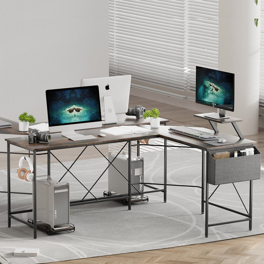 L - Shaped Computer Corner Desk with Monitor & CPU Stand - Brown - Rivercity House & Home Co. (ABN 18 642 972 209) - Affordable Modern Furniture Australia