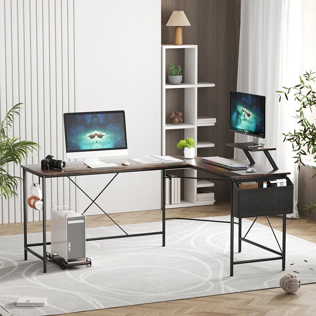 L - Shaped Computer Corner Desk with Monitor & CPU Stand - Brown - Rivercity House & Home Co. (ABN 18 642 972 209) - Affordable Modern Furniture Australia