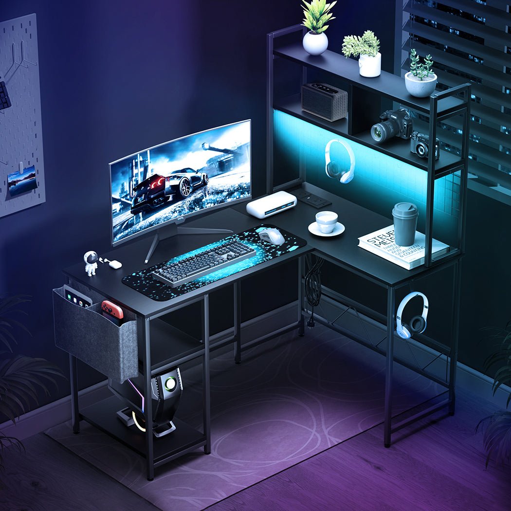 L Shaped Gaming Desk with RGB LED Lights and Power Outlets - Black - Rivercity House & Home Co. (ABN 18 642 972 209) - Affordable Modern Furniture Australia