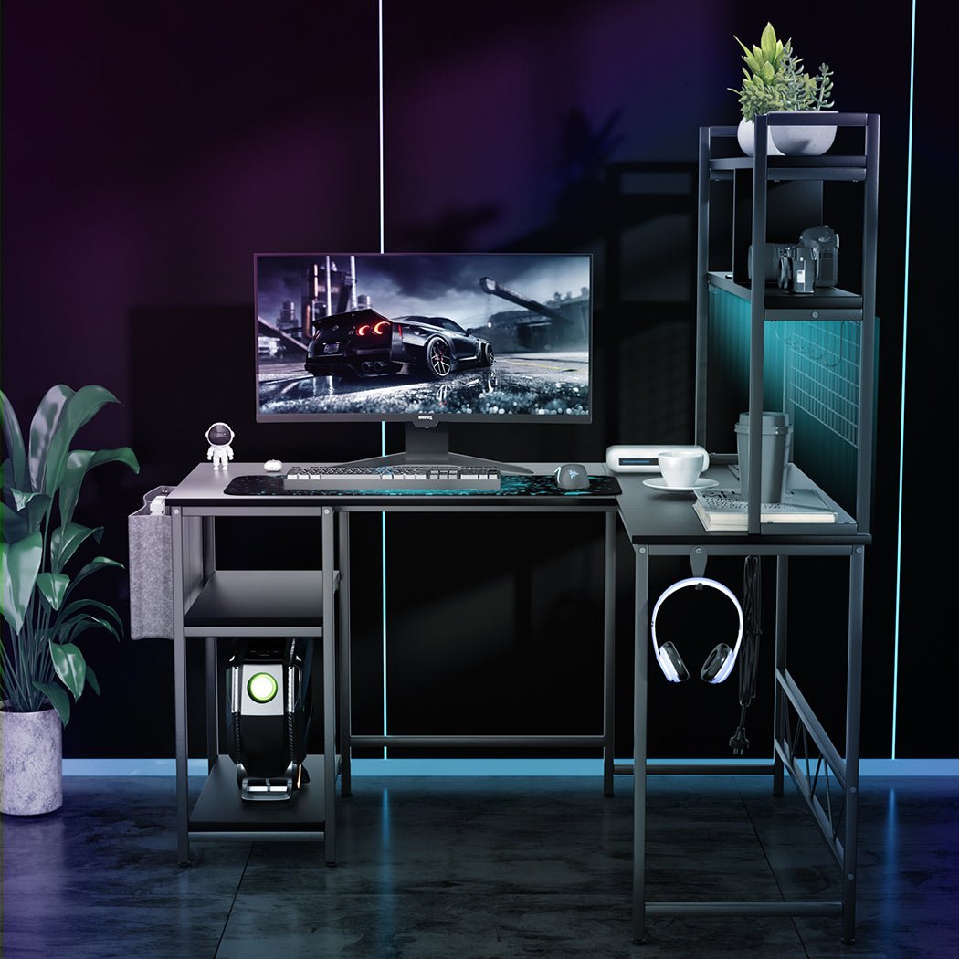 L Shaped Gaming Desk with RGB LED Lights and Power Outlets - Black - Rivercity House & Home Co. (ABN 18 642 972 209) - Affordable Modern Furniture Australia