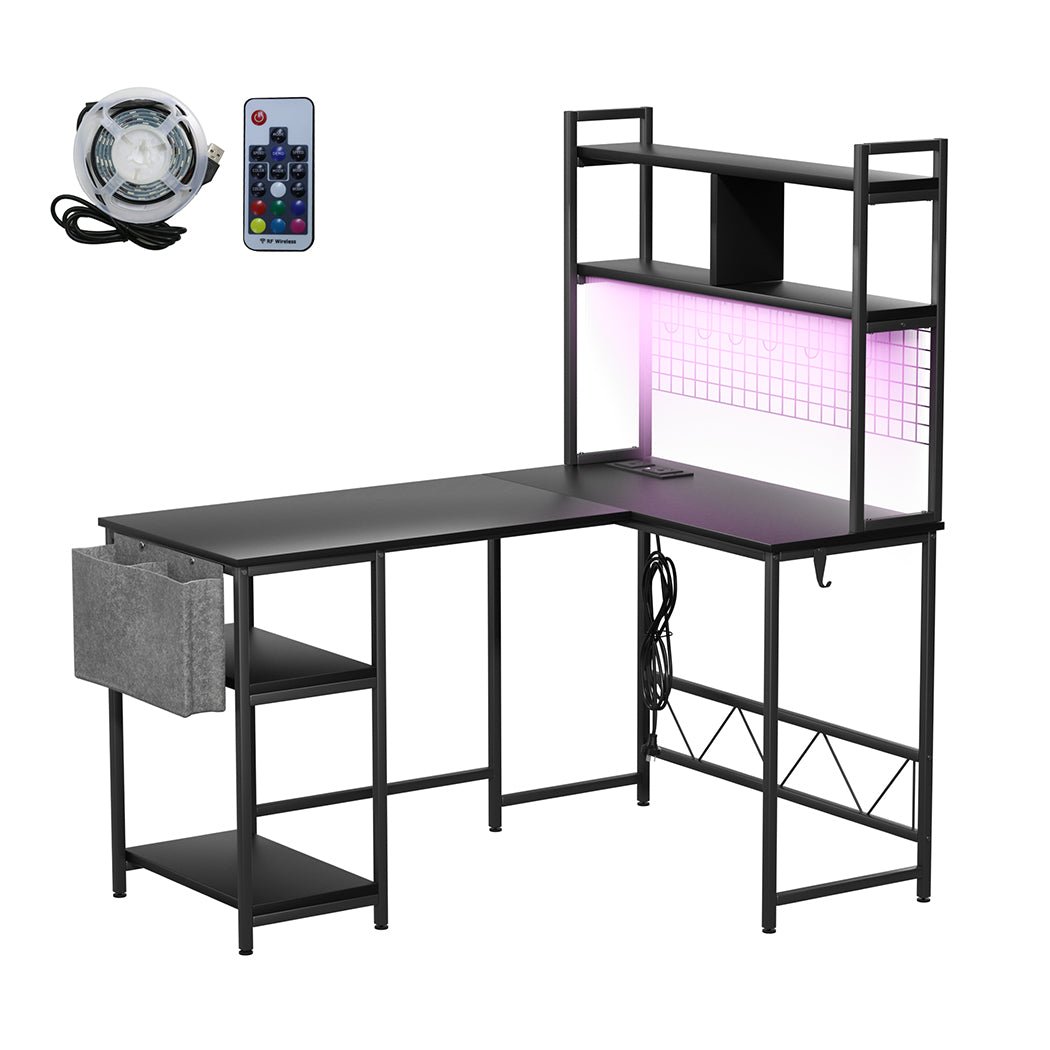 L Shaped Gaming Desk with RGB LED Lights and Power Outlets - Black - Rivercity House & Home Co. (ABN 18 642 972 209) - Affordable Modern Furniture Australia