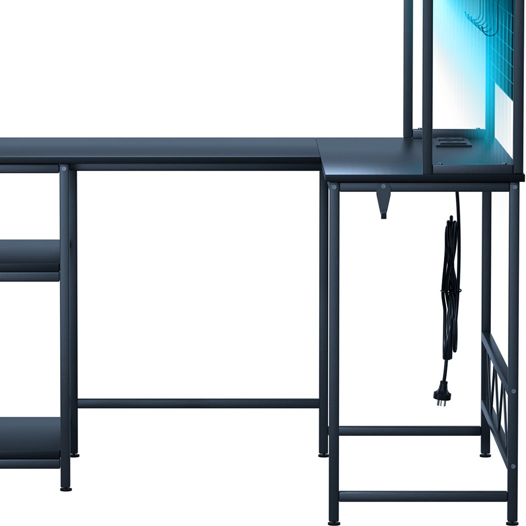 L Shaped Gaming Desk with RGB LED Lights and Power Outlets - Black - Rivercity House & Home Co. (ABN 18 642 972 209) - Affordable Modern Furniture Australia
