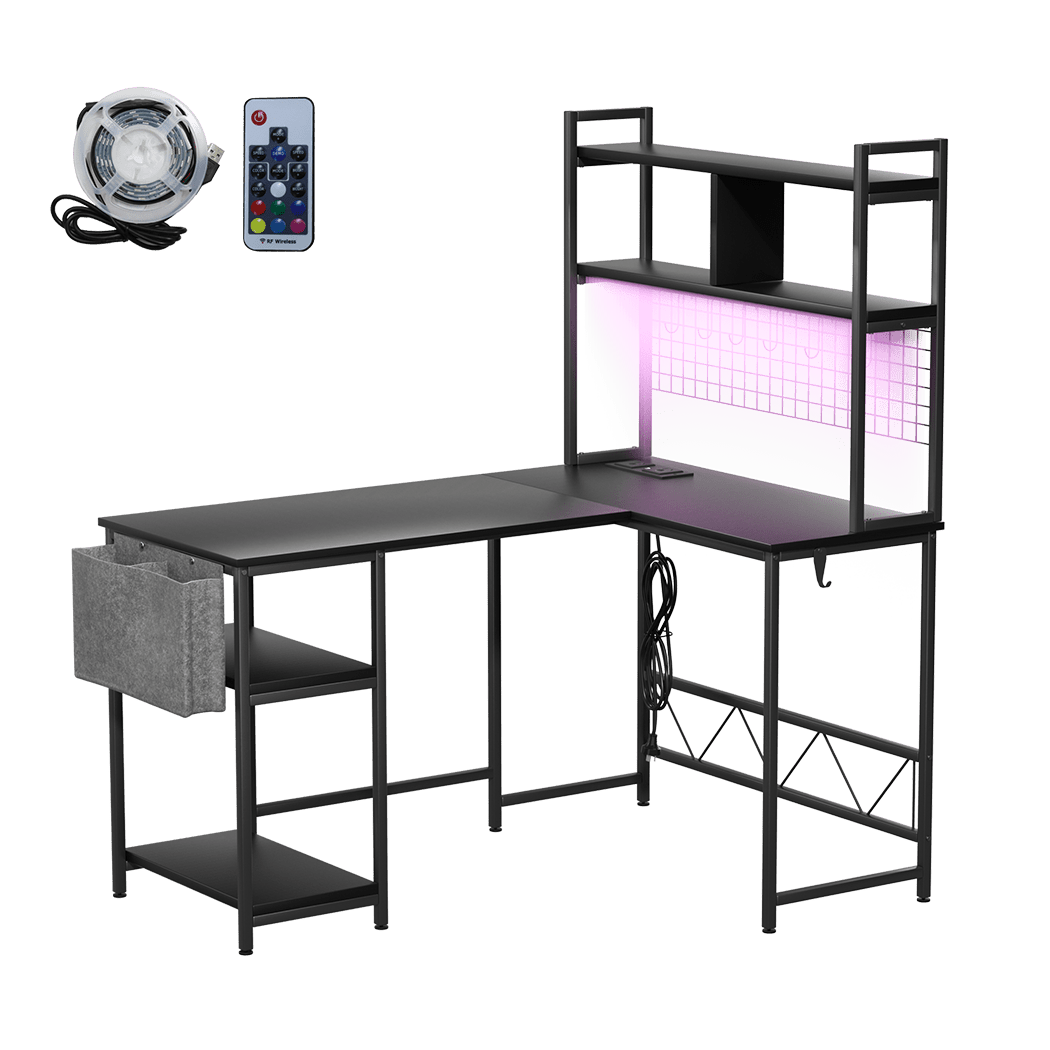 L Shaped Gaming Desk with RGB LED Lights and Power Outlets - Black - Rivercity House & Home Co. (ABN 18 642 972 209) - Affordable Modern Furniture Australia