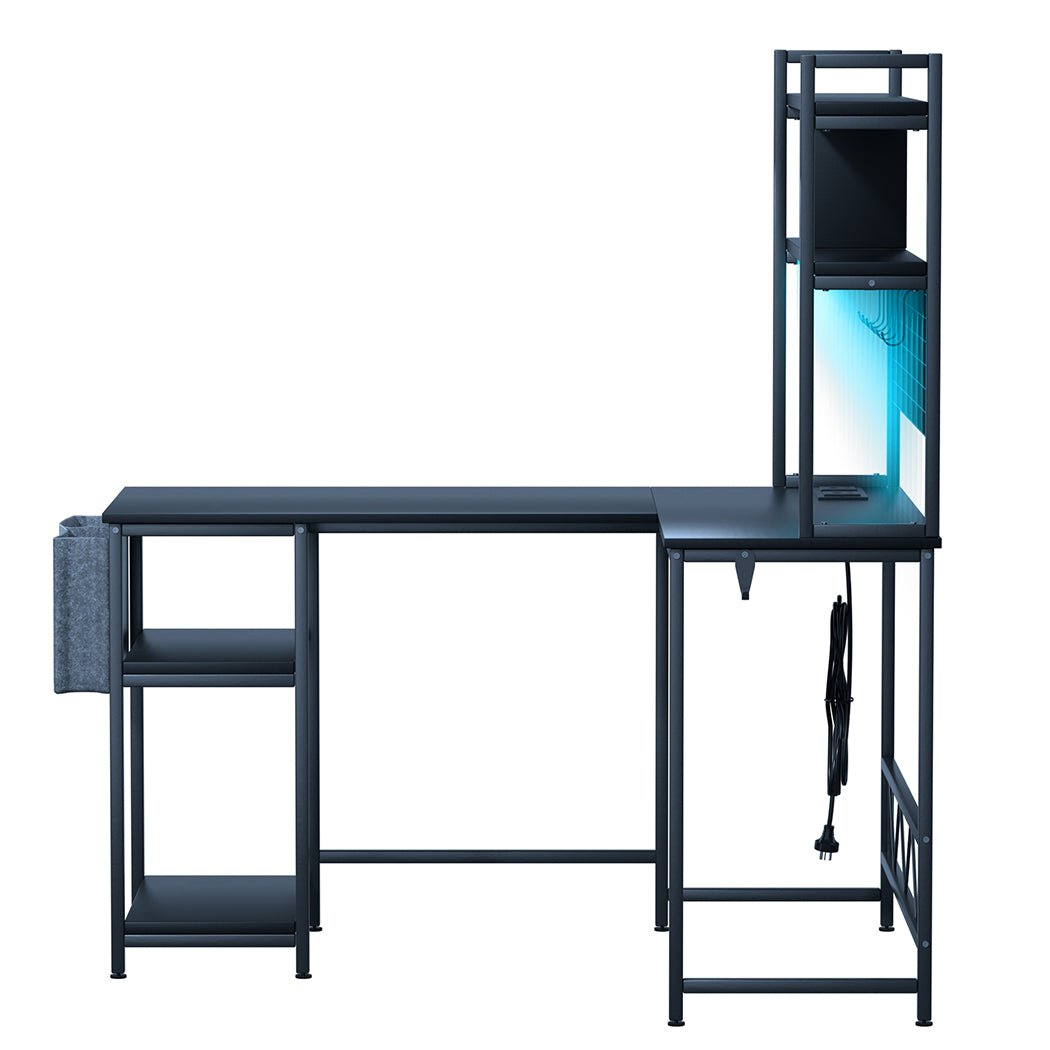 L Shaped Gaming Desk with RGB LED Lights and Power Outlets - Black - Rivercity House & Home Co. (ABN 18 642 972 209) - Affordable Modern Furniture Australia