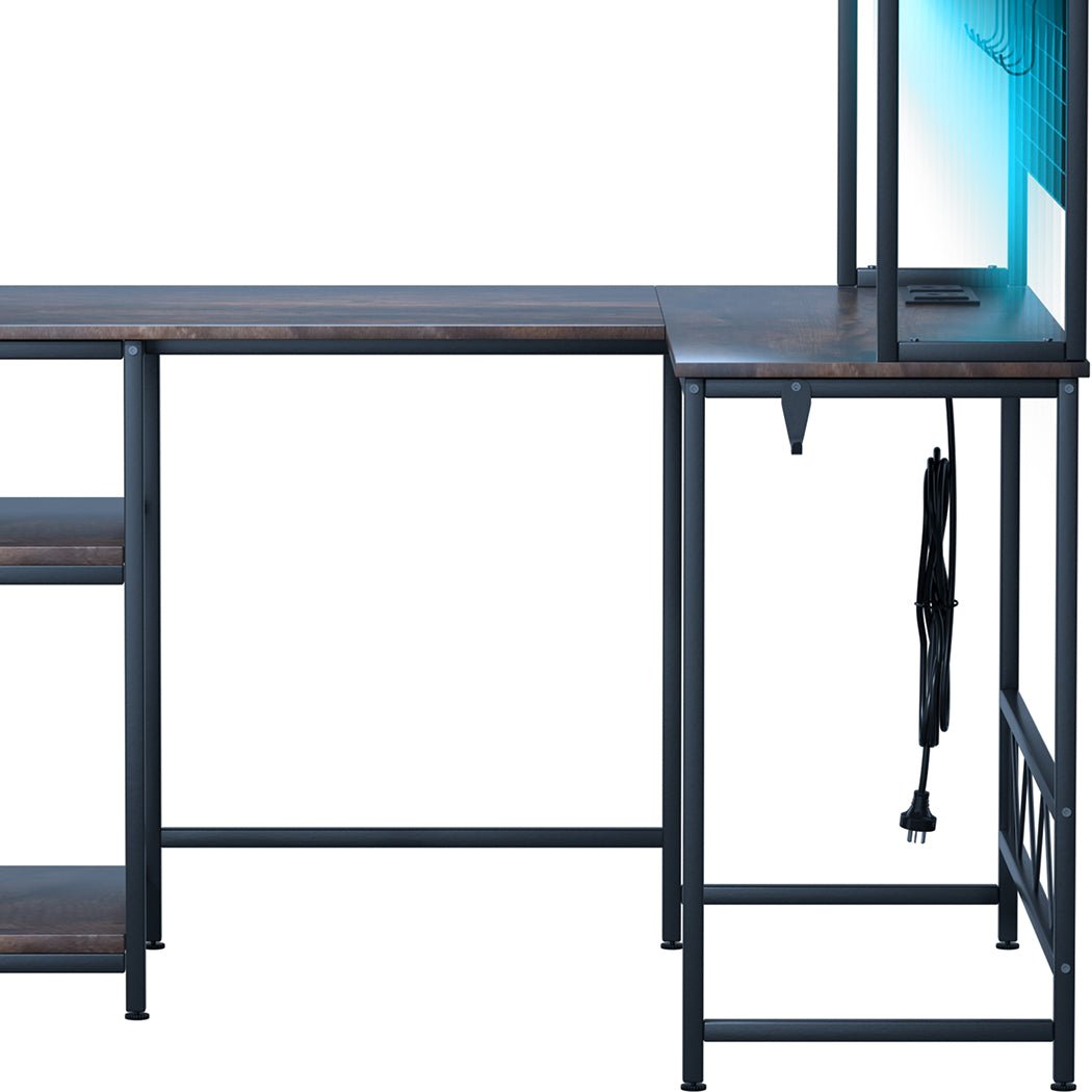 L Shaped Gaming Desk with RGB LED Lights and Power Outlets - Brown - Rivercity House & Home Co. (ABN 18 642 972 209) - Affordable Modern Furniture Australia