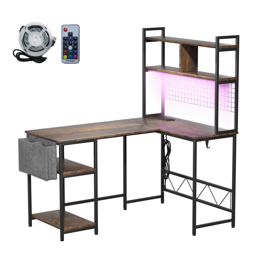 L Shaped Gaming Desk with RGB LED Lights and Power Outlets - Brown - Rivercity House & Home Co. (ABN 18 642 972 209) - Affordable Modern Furniture Australia