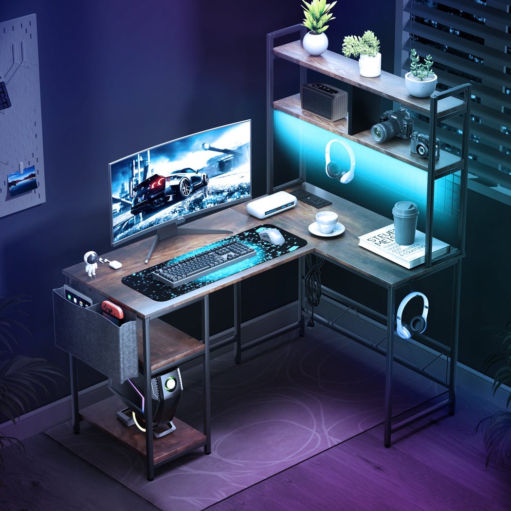 L Shaped Gaming Desk with RGB LED Lights and Power Outlets - Brown - Rivercity House & Home Co. (ABN 18 642 972 209) - Affordable Modern Furniture Australia