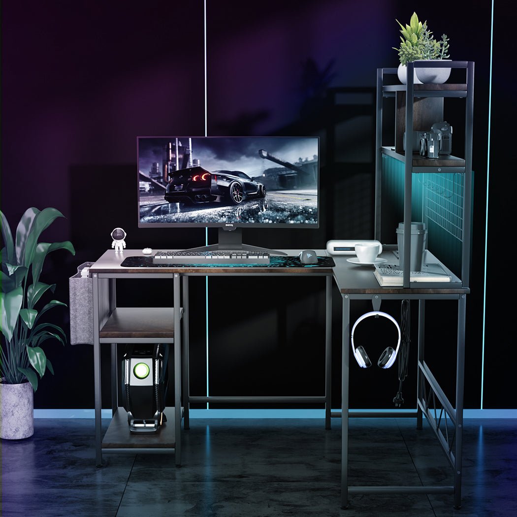 L Shaped Gaming Desk with RGB LED Lights and Power Outlets - Brown - Rivercity House & Home Co. (ABN 18 642 972 209) - Affordable Modern Furniture Australia