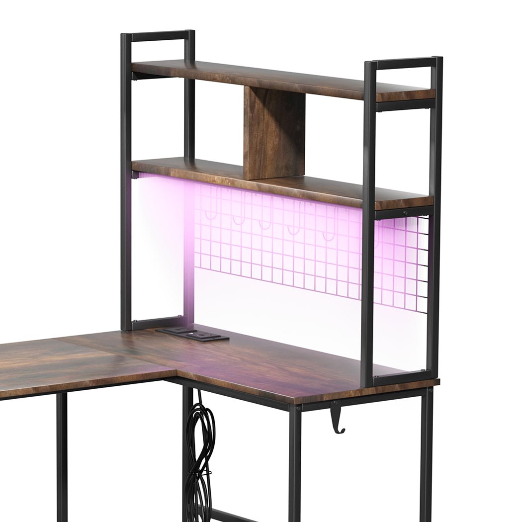 L Shaped Gaming Desk with RGB LED Lights and Power Outlets - Brown - Rivercity House & Home Co. (ABN 18 642 972 209) - Affordable Modern Furniture Australia