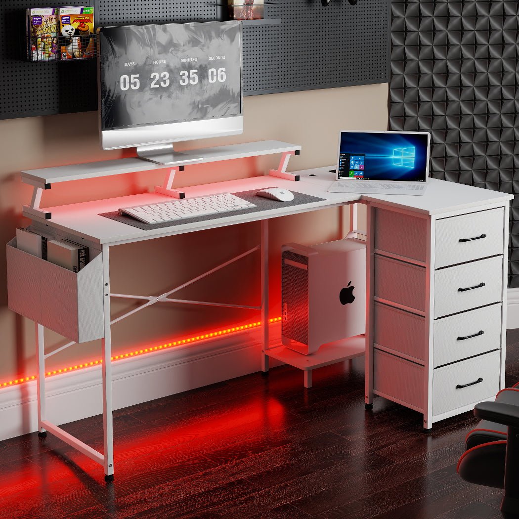 L - Shaped Gaming Desk with Storage Drawers and Built - in Charging Station - White - Rivercity House & Home Co. (ABN 18 642 972 209) - Affordable Modern Furniture Australia