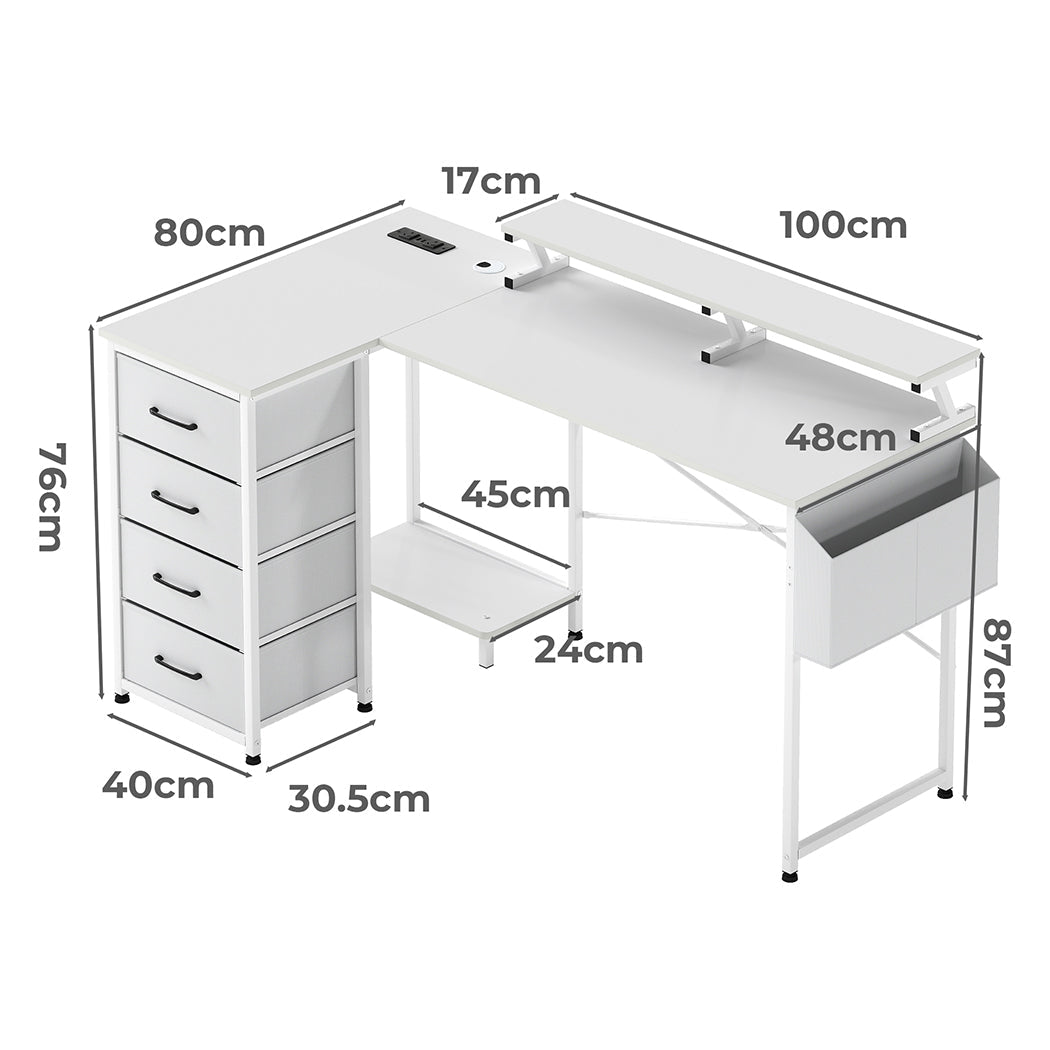 L - Shaped Gaming Desk with Storage Drawers and Built - in Charging Station - White - Rivercity House & Home Co. (ABN 18 642 972 209) - Affordable Modern Furniture Australia