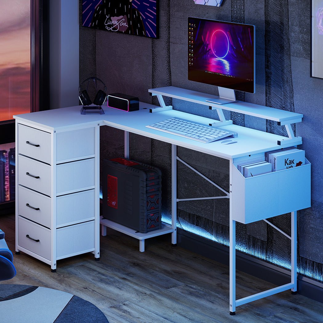 L - Shaped Gaming Desk with Storage Drawers and Built - in Charging Station - White - Rivercity House & Home Co. (ABN 18 642 972 209) - Affordable Modern Furniture Australia