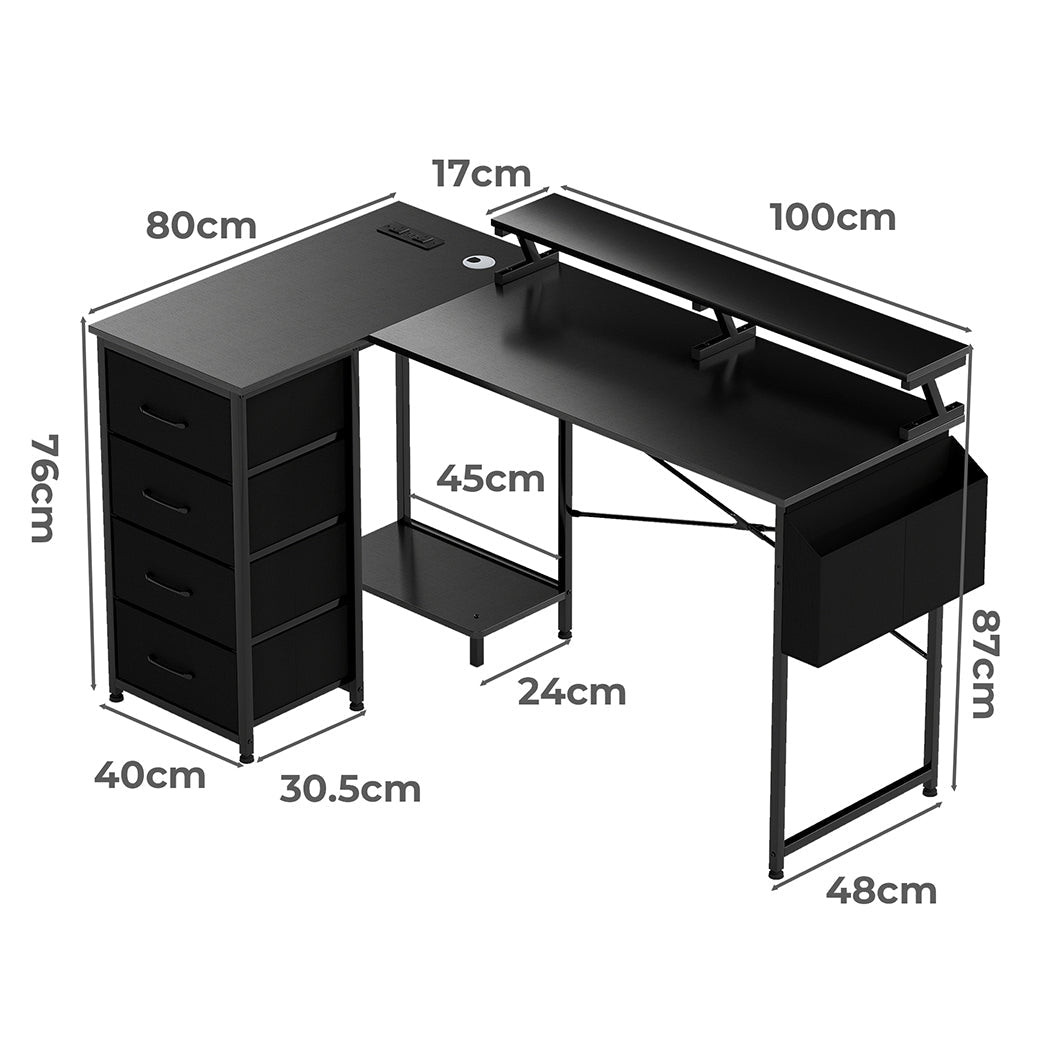 L Shaped Gaming Desk with Storage Drawers, Power Station & RGB Lighting - Black - Rivercity House & Home Co. (ABN 18 642 972 209) - Affordable Modern Furniture Australia