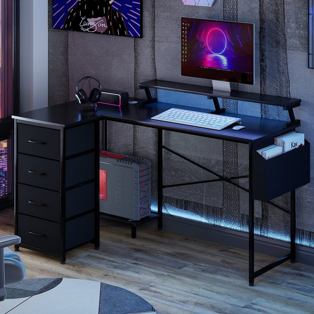 L Shaped Gaming Desk with Storage Drawers, Power Station & RGB Lighting - Black - Rivercity House & Home Co. (ABN 18 642 972 209) - Affordable Modern Furniture Australia