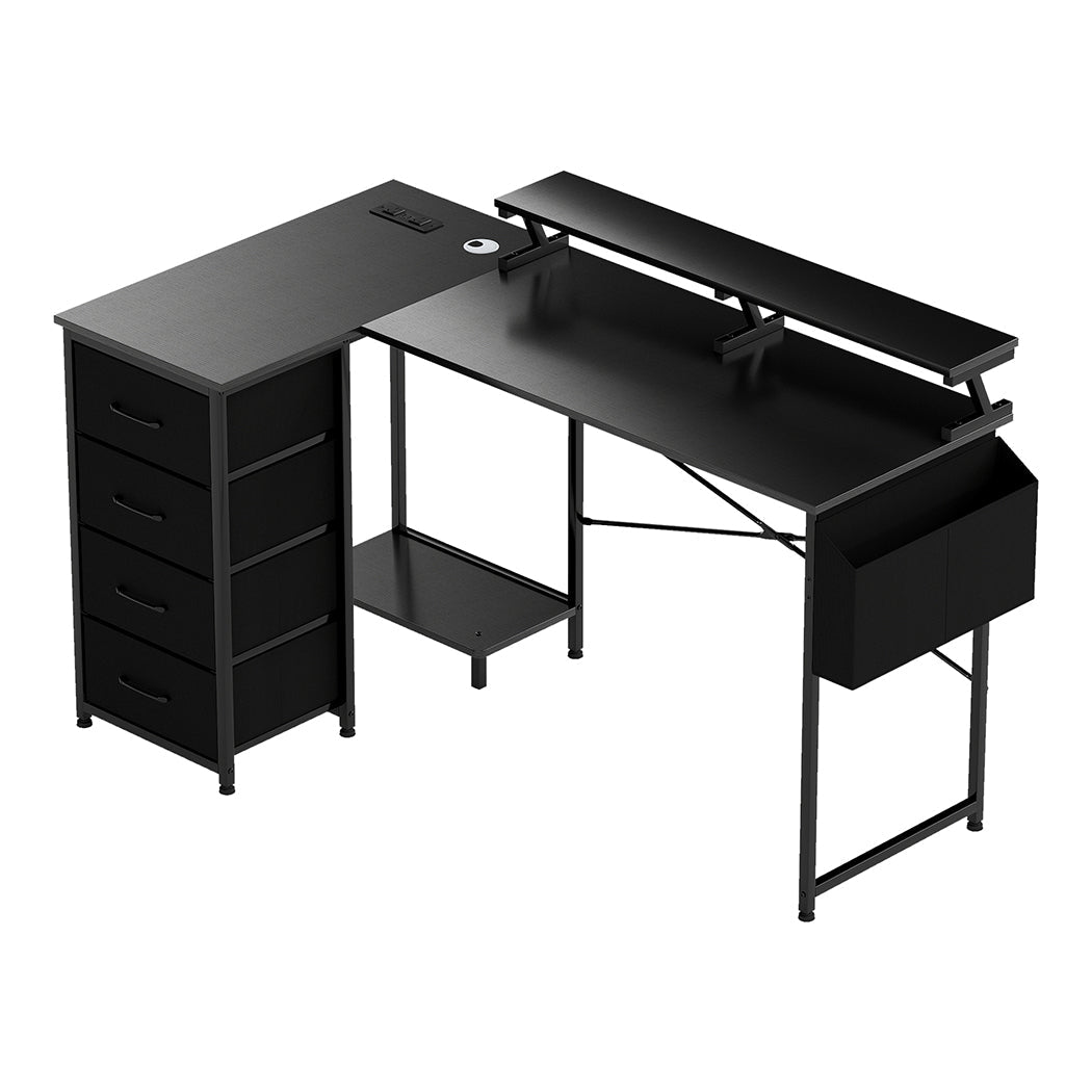 L Shaped Gaming Desk with Storage Drawers, Power Station & RGB Lighting - Black - Rivercity House & Home Co. (ABN 18 642 972 209) - Affordable Modern Furniture Australia