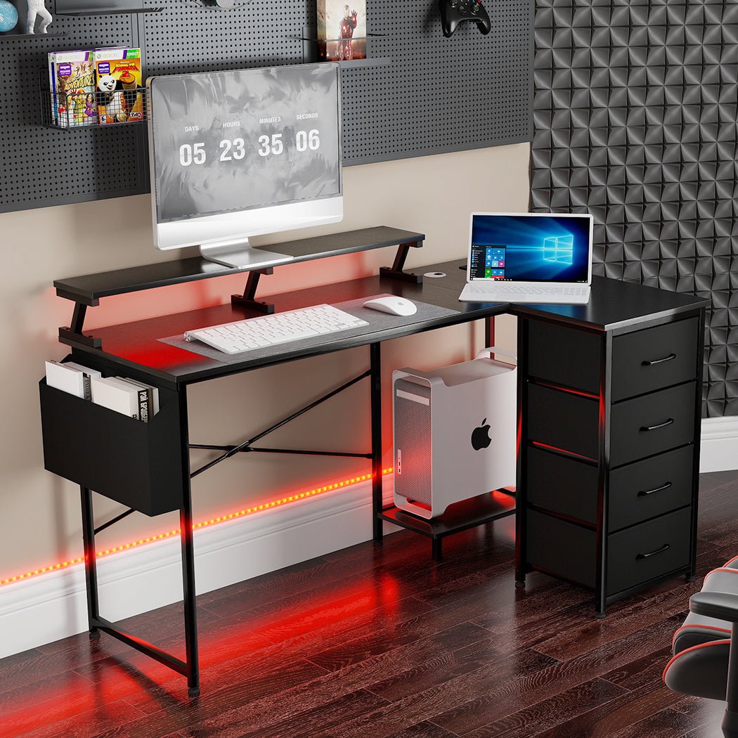 L Shaped Gaming Desk with Storage Drawers, Power Station & RGB Lighting - Black - Rivercity House & Home Co. (ABN 18 642 972 209) - Affordable Modern Furniture Australia