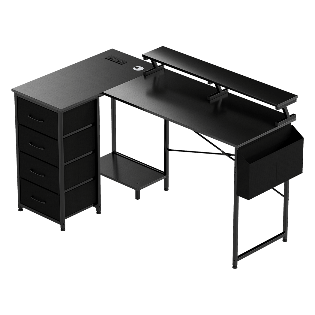 L Shaped Gaming Desk with Storage Drawers, Power Station & RGB Lighting - Black - Rivercity House & Home Co. (ABN 18 642 972 209) - Affordable Modern Furniture Australia