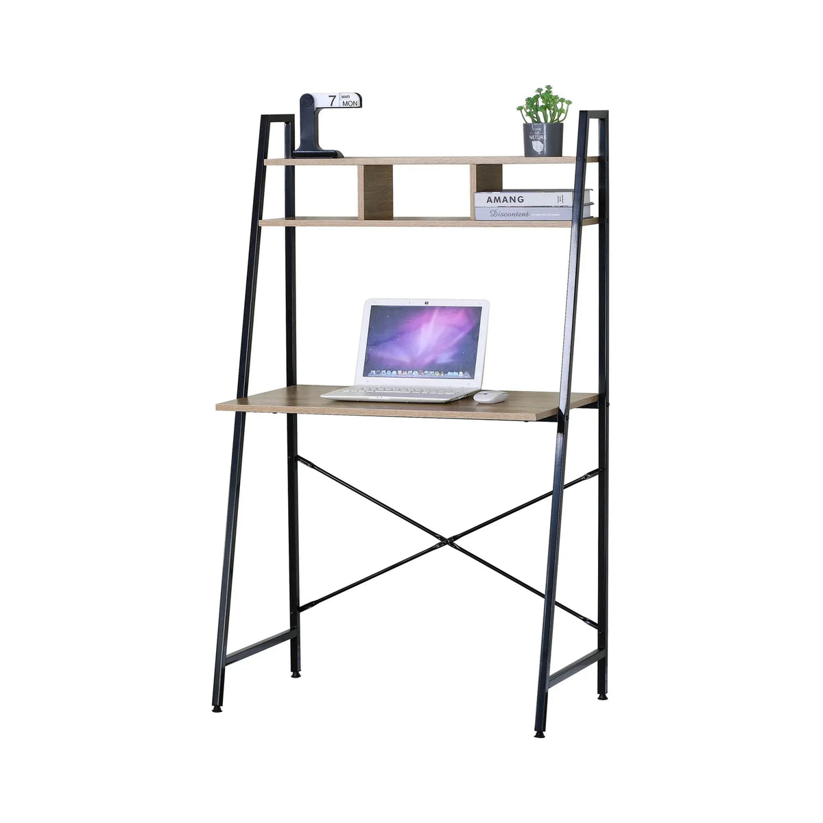 Ladder Desk with Shelves Steel Frame Oak 84cm - Brown - Furniture > Office > Desks - Rivercity House & Home Co. (ABN 18 642 972 209) - Affordable Modern Furniture Australia