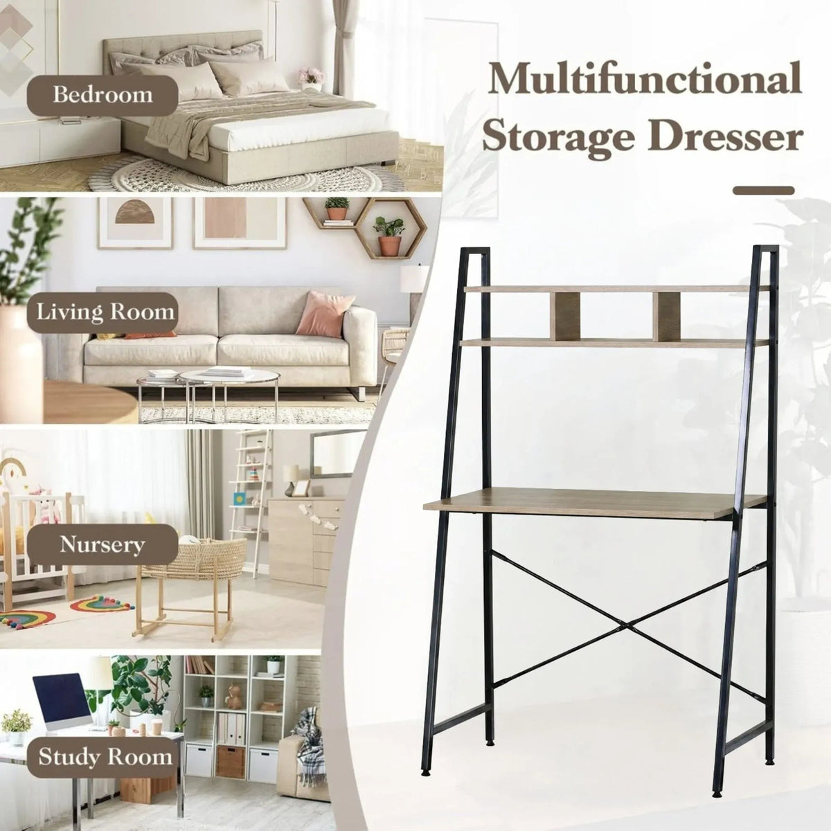 Ladder Desk with Shelves Steel Frame Oak 84cm - Brown - Furniture > Office > Desks - Rivercity House & Home Co. (ABN 18 642 972 209) - Affordable Modern Furniture Australia