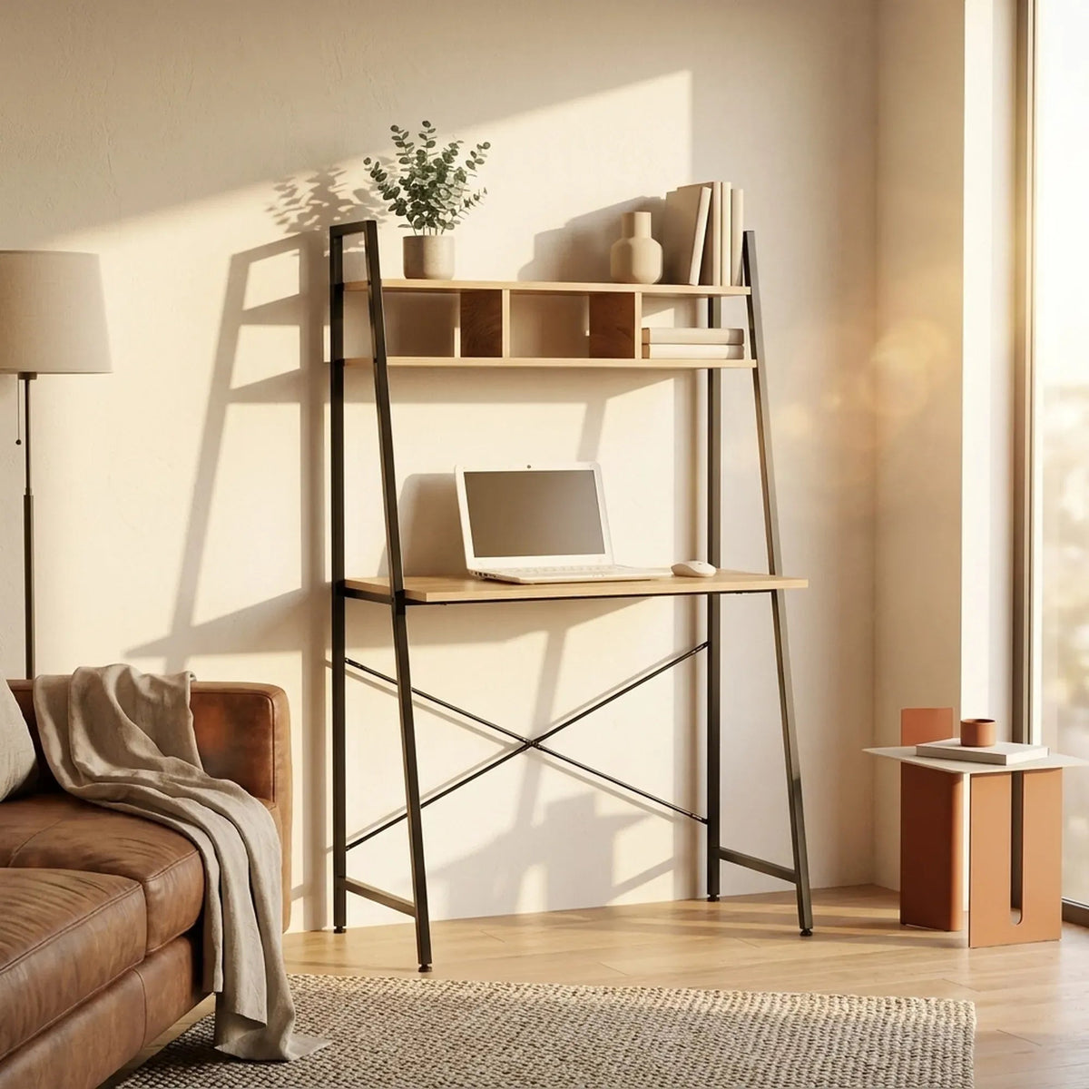 Ladder Desk with Shelves Steel Frame Oak 84cm - Brown - Furniture > Office > Desks - Rivercity House & Home Co. (ABN 18 642 972 209) - Affordable Modern Furniture Australia