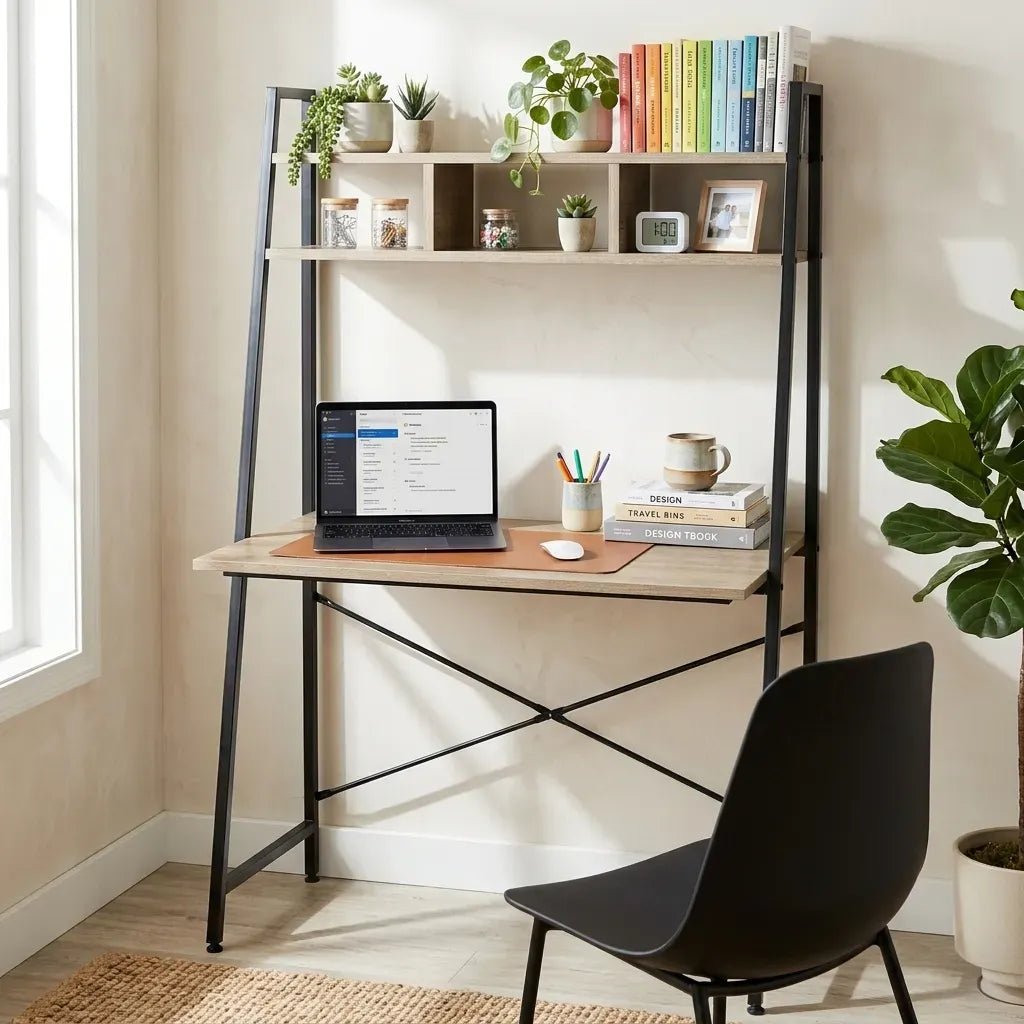 Ladder Desk with Shelves Steel Frame Oak 84cm - Brown - Furniture > Office > Desks - Rivercity House & Home Co. (ABN 18 642 972 209) - Affordable Modern Furniture Australia