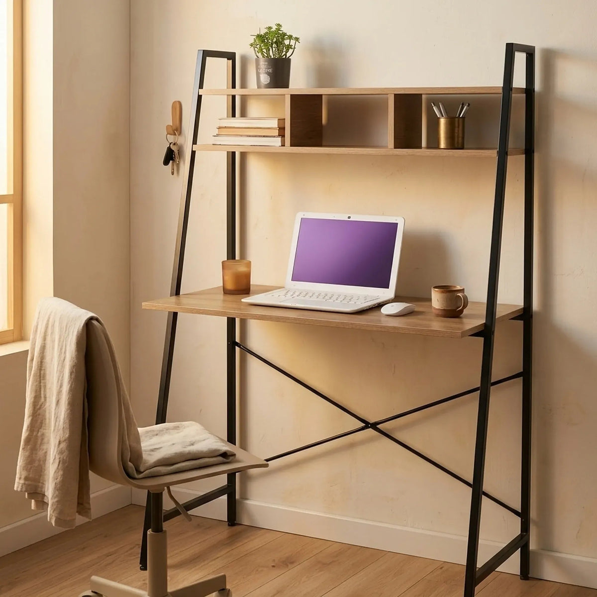 Ladder Desk with Shelves Steel Frame Oak 84cm - Brown - Furniture > Office > Desks - Rivercity House & Home Co. (ABN 18 642 972 209) - Affordable Modern Furniture Australia