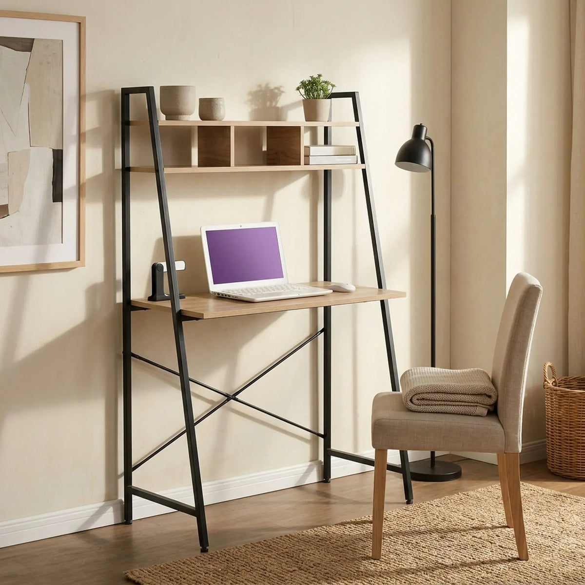Ladder Desk with Shelves Steel Frame Oak 84cm - Brown - Furniture > Office > Desks - Rivercity House & Home Co. (ABN 18 642 972 209) - Affordable Modern Furniture Australia
