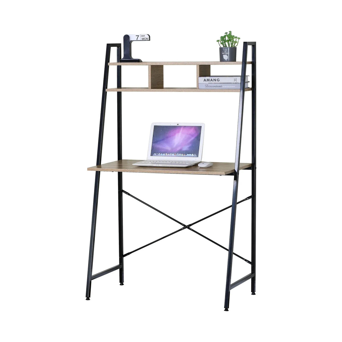 Ladder Desk with Shelves Steel Frame Oak 84cm - Brown - Furniture > Office > Desks - Rivercity House & Home Co. (ABN 18 642 972 209) - Affordable Modern Furniture Australia
