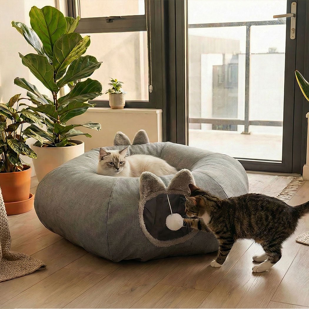 Large 2 - in - 1 Cat Tunnel Bed with Toys Interactive Indoor Playhouse - Grey - Rivercity House & Home Co. (ABN 18 642 972 209) - Affordable Modern Furniture Australia