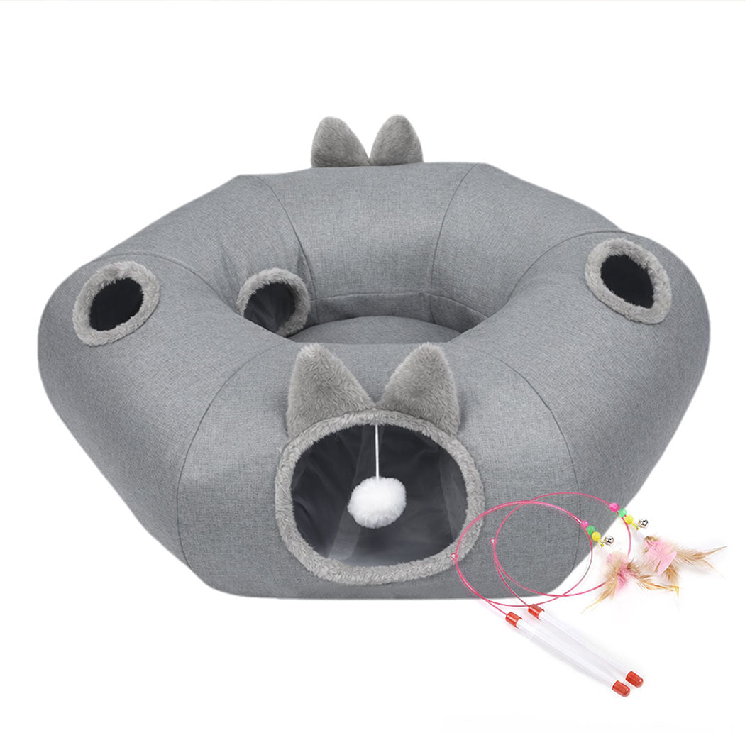 Large 2 - in - 1 Cat Tunnel Bed with Toys Interactive Indoor Playhouse - Grey - Rivercity House & Home Co. (ABN 18 642 972 209) - Affordable Modern Furniture Australia