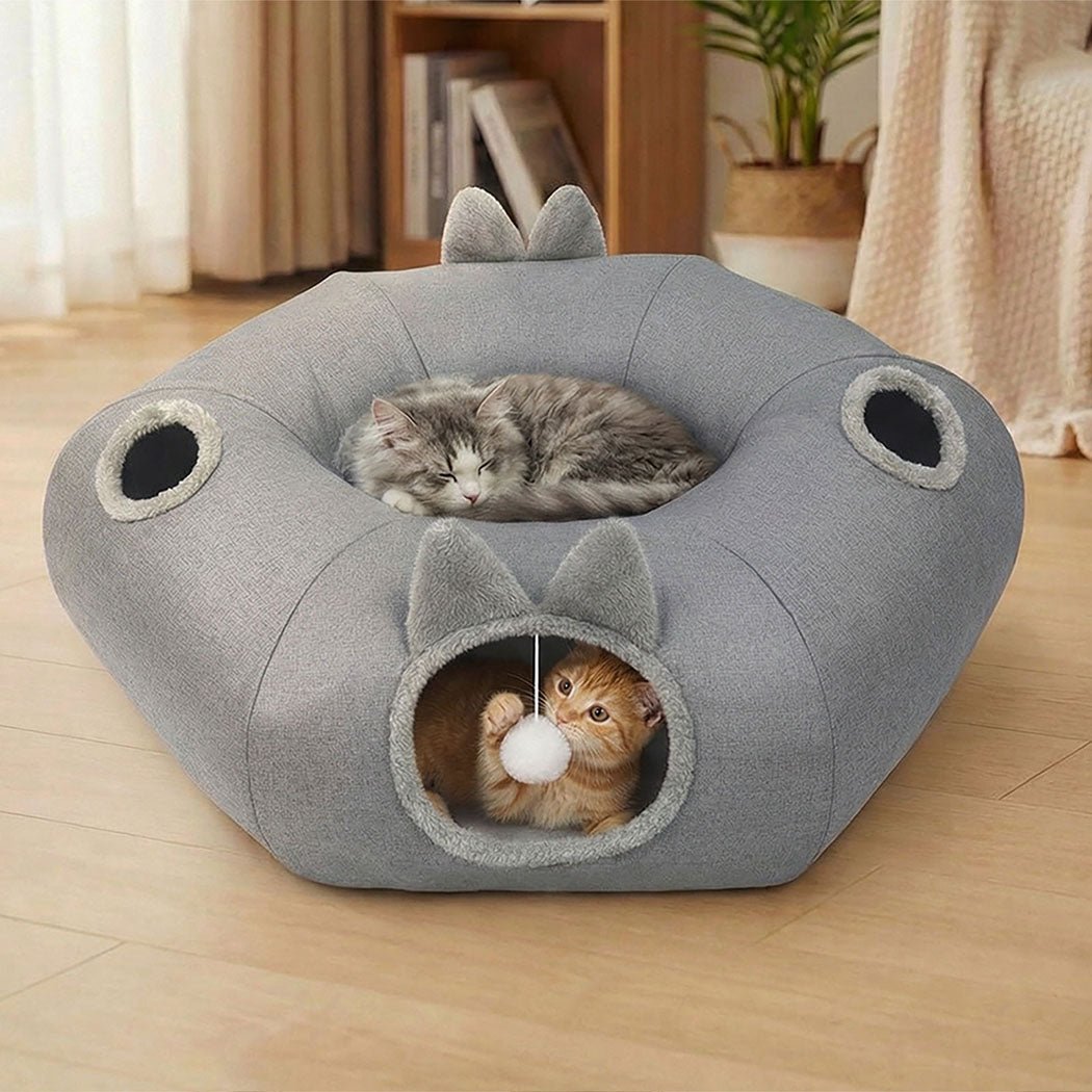 Large 2 - in - 1 Cat Tunnel Bed with Toys Interactive Indoor Playhouse - Grey - Rivercity House & Home Co. (ABN 18 642 972 209) - Affordable Modern Furniture Australia