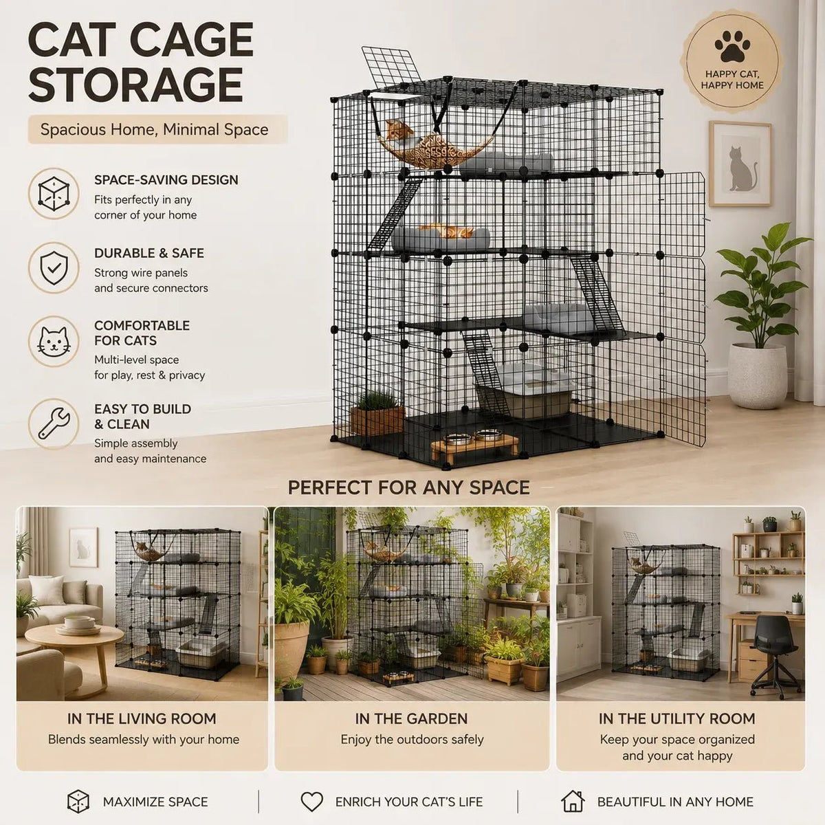 Large 4 Tier Cat Cage DIY Enclosure Pet Playpen Kennel - Black - Pet Care > Cat Supplies > Cat Scratchers - Rivercity House & Home Co. (ABN 18 642 972 209) - Affordable Modern Furniture Australia