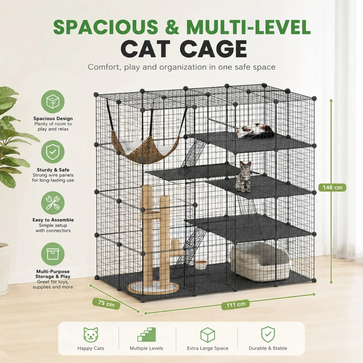 Large 4 Tier Cat Cage DIY Enclosure Pet Playpen Kennel - Black - Pet Care > Cat Supplies > Cat Scratchers - Rivercity House & Home Co. (ABN 18 642 972 209) - Affordable Modern Furniture Australia