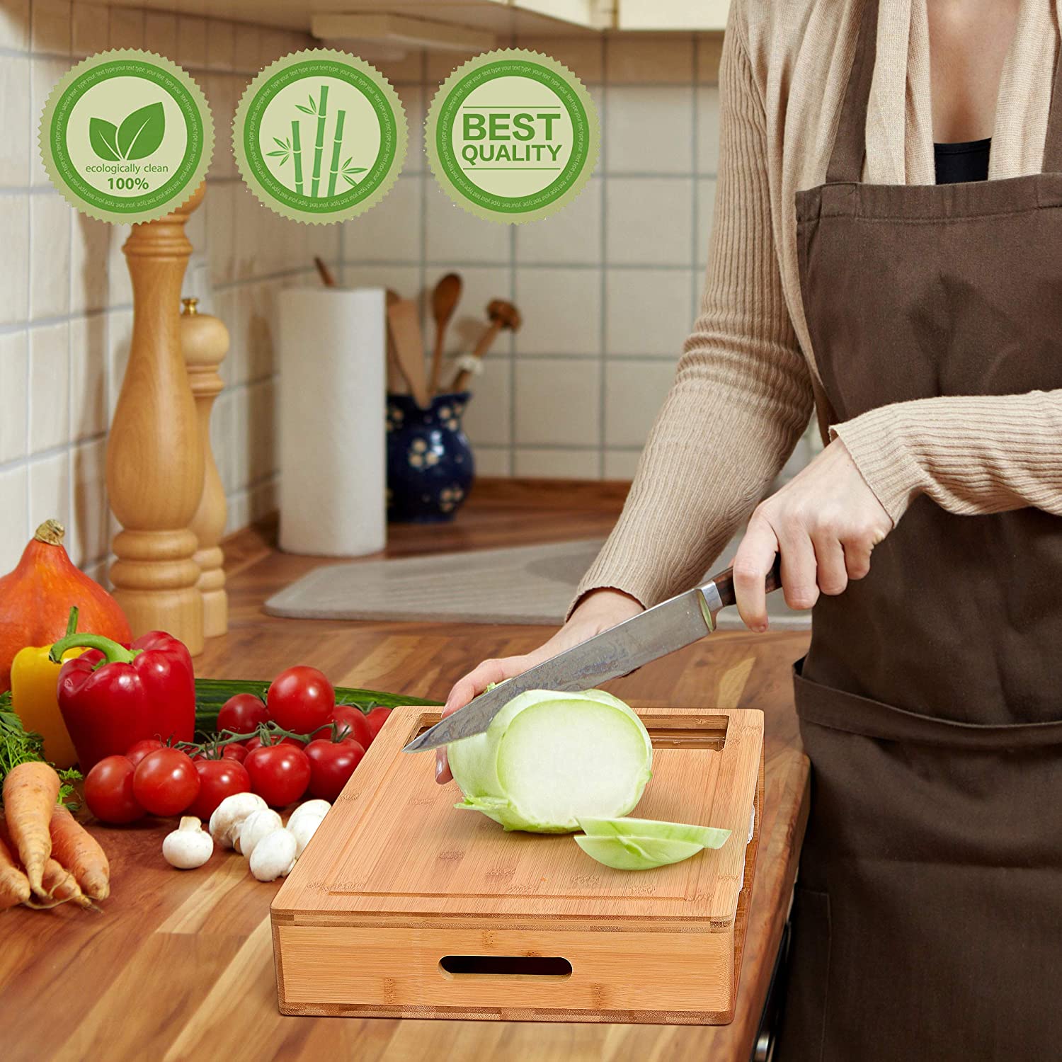 Large Bamboo Cutting Board and 4 Containers with Mobile Holder gift included for Home Kitchen - Home & Garden > Kitchenware > Kitchen Utensils - Rivercity House & Home Co. (ABN 18 642 972 209) - Affordable Modern Furniture Australia