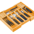 Large Capacity Expandable Bamboo Drawer Organiser with Knife Block Holder for Kitchen Utensils - Natural