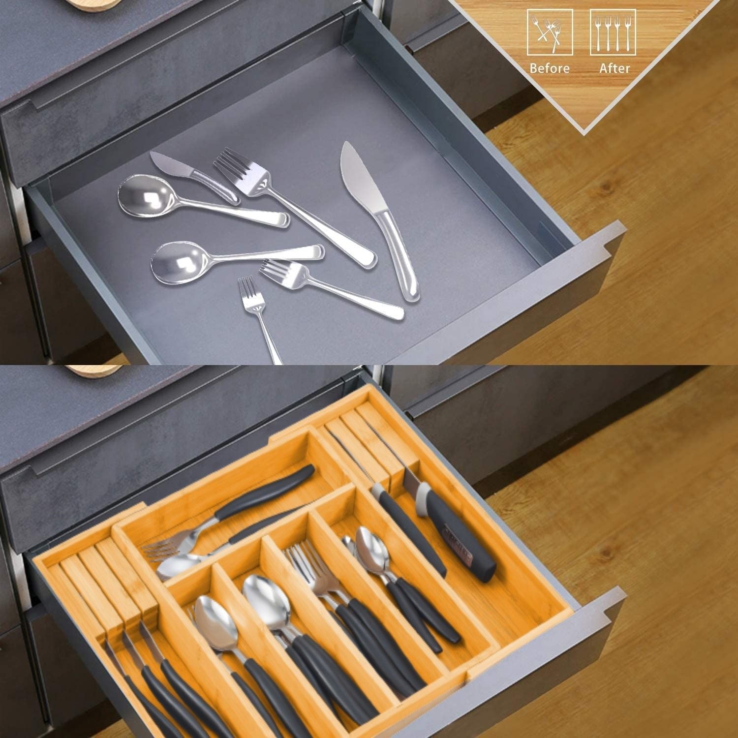 Large Capacity Bamboo Expandable Drawer Organizer with Knife Block Holder for Home Kitchen Utensils - Home & Garden > Kitchenware > Kitchen Knives - Rivercity House & Home Co. (ABN 18 642 972 209) - Affordable Modern Furniture Australia