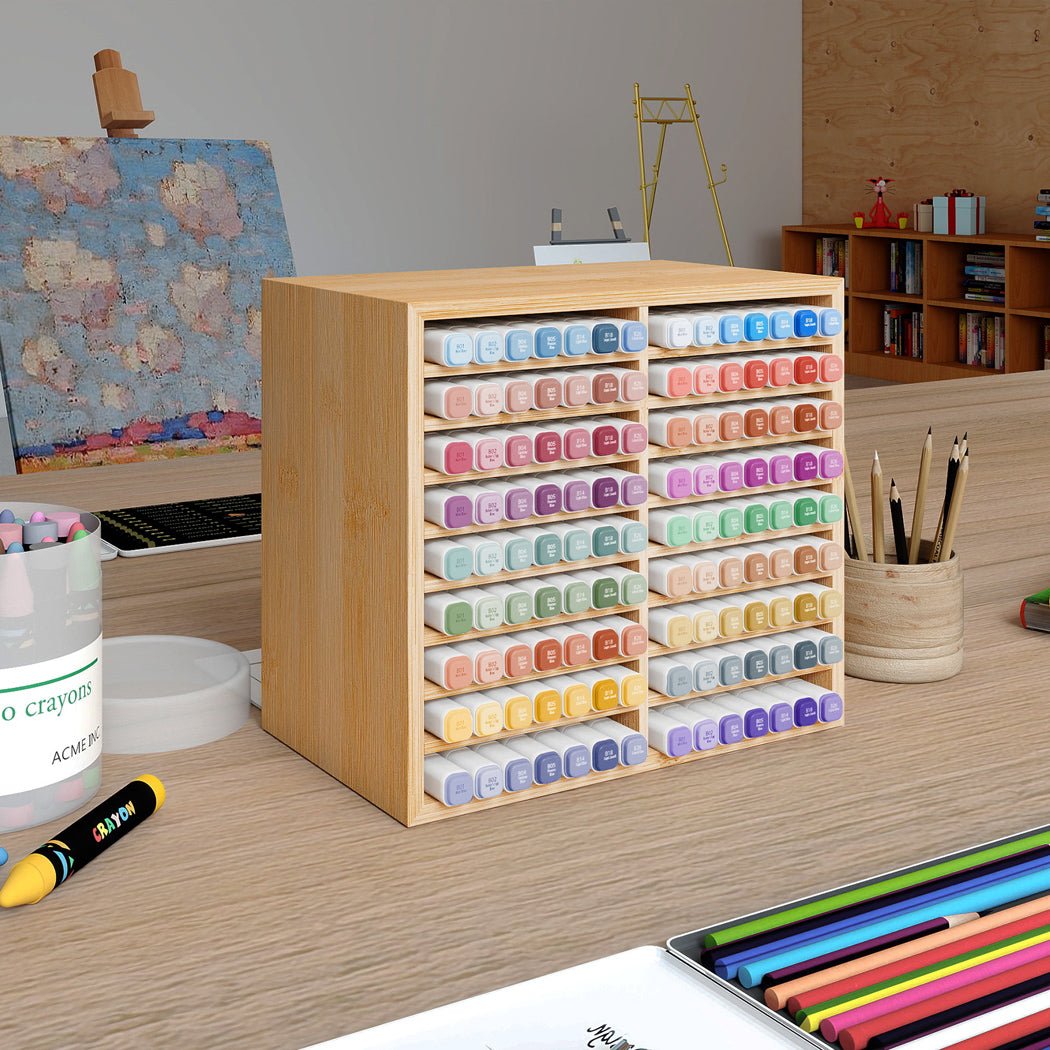 Large Capacity Bamboo Marker Organizer with 18 Compartments - Natural - Rivercity House & Home Co. (ABN 18 642 972 209) - Affordable Modern Furniture Australia