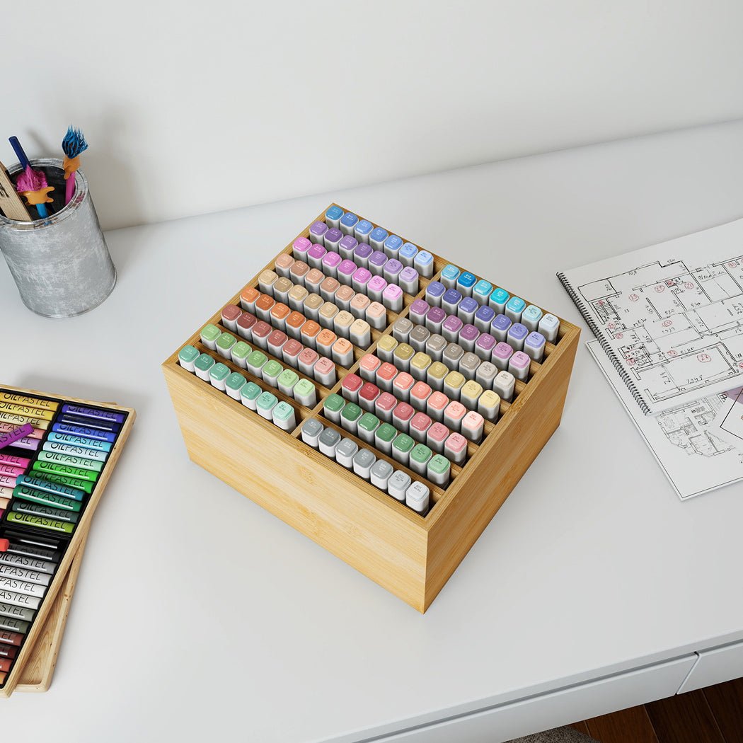 Large Capacity Bamboo Marker Organizer with 18 Compartments - Natural - Rivercity House & Home Co. (ABN 18 642 972 209) - Affordable Modern Furniture Australia
