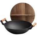 Large 36CM Cast Iron Stir Fry Wok with Durable Wooden Handle - Black