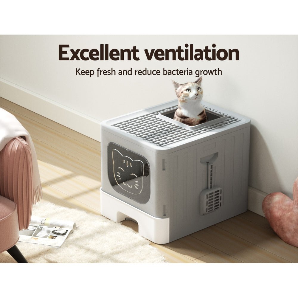 Large Foldable Enclosed Hooded Cat Litter Box with Scoop - Grey - Pet Care > Cat Supplies > Cat Litter - Rivercity House & Home Co. (ABN 18 642 972 209) - Affordable Modern Furniture Australia