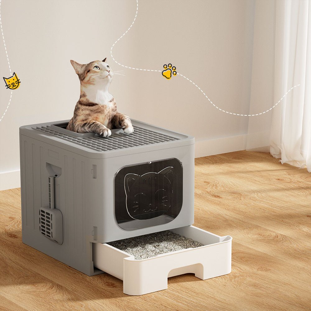 Large Foldable Enclosed Hooded Cat Litter Box with Scoop - Grey - Pet Care > Cat Supplies > Cat Litter - Rivercity House & Home Co. (ABN 18 642 972 209) - Affordable Modern Furniture Australia