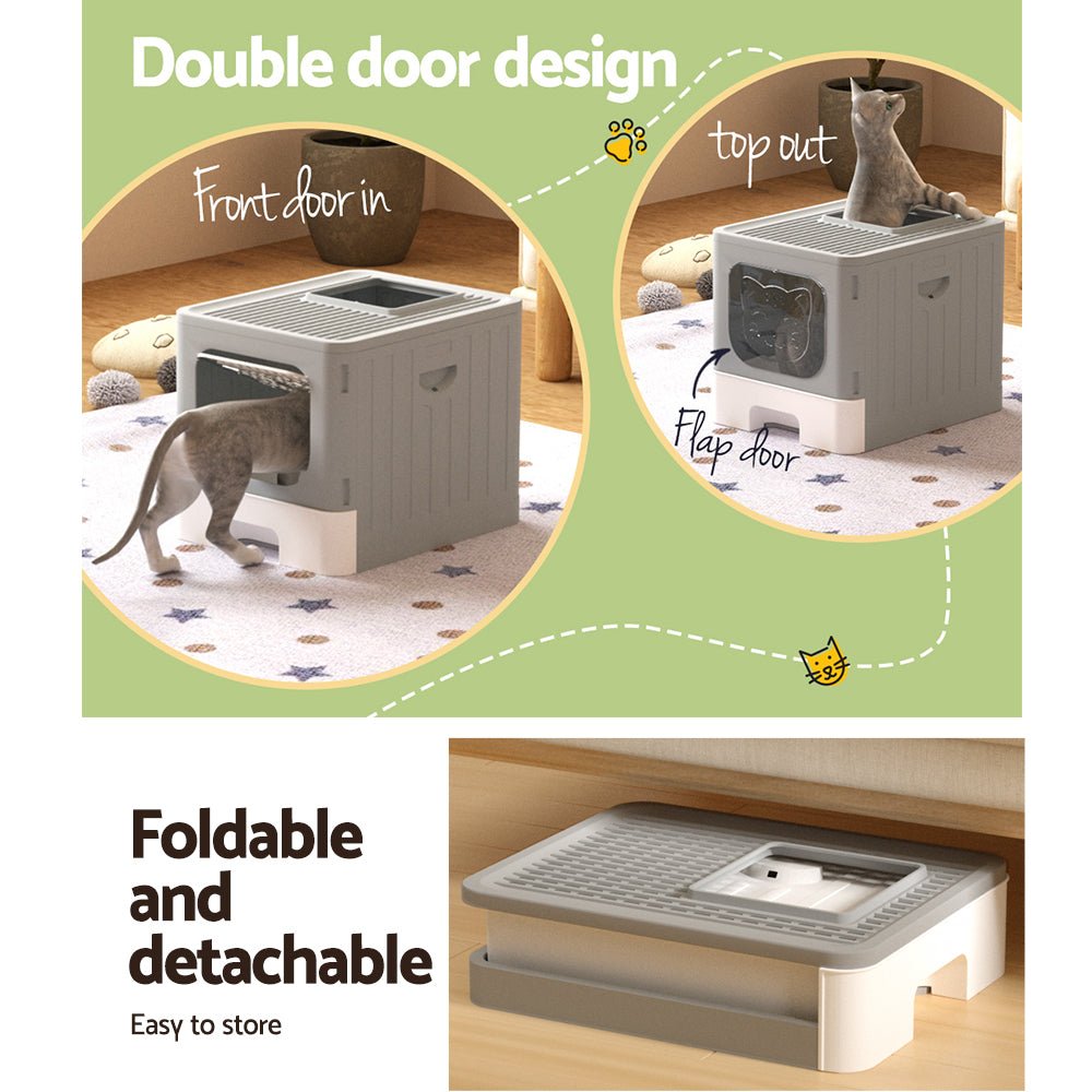 Large Foldable Enclosed Hooded Cat Litter Box with Scoop - Grey - Pet Care > Cat Supplies > Cat Litter - Rivercity House & Home Co. (ABN 18 642 972 209) - Affordable Modern Furniture Australia