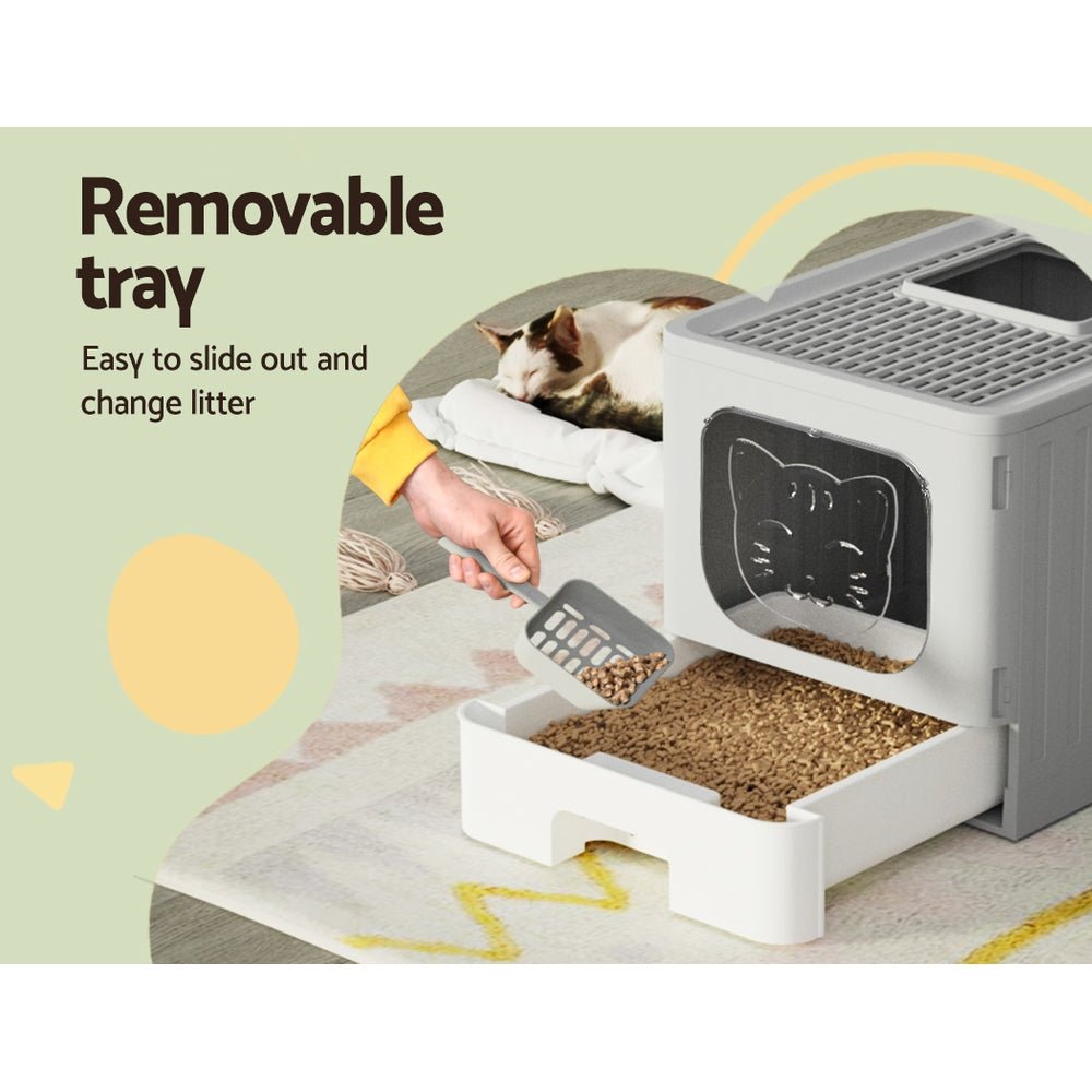 Large Foldable Enclosed Hooded Cat Litter Box with Scoop - Grey - Pet Care > Cat Supplies > Cat Litter - Rivercity House & Home Co. (ABN 18 642 972 209) - Affordable Modern Furniture Australia