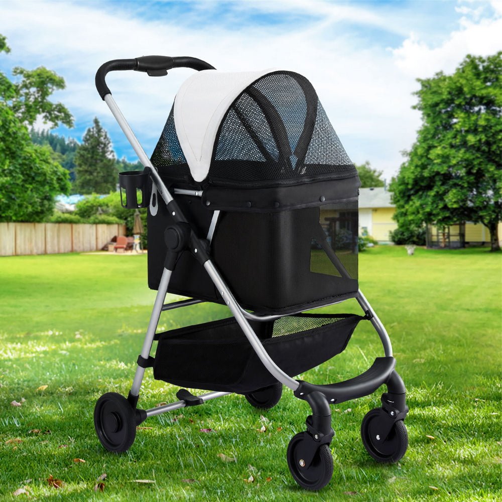 Large Foldable Pet Stroller Pram Dog Cat Carrier Cage with 4 Wheels - Black and White - Pet Care > Cat Supplies > Cat Carriers & Crates - Rivercity House & Home Co. (ABN 18 642 972 209) - Affordable Modern Furniture Australia