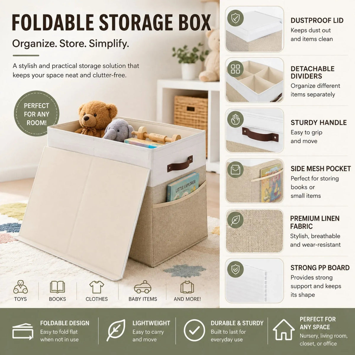 Large Foldable Toy Storage Box with Lid and Organiser - Beige Linen - Home & Garden > Storage > Clothing & Wardrobe Storage - Rivercity House & Home Co. (ABN 18 642 972 209) - Affordable Modern Furniture Australia