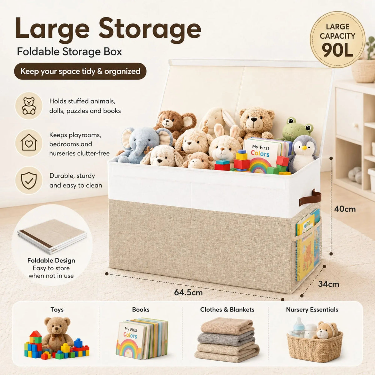 Large Foldable Toy Storage Box with Lid and Organiser - Beige Linen - Home & Garden > Storage > Clothing & Wardrobe Storage - Rivercity House & Home Co. (ABN 18 642 972 209) - Affordable Modern Furniture Australia