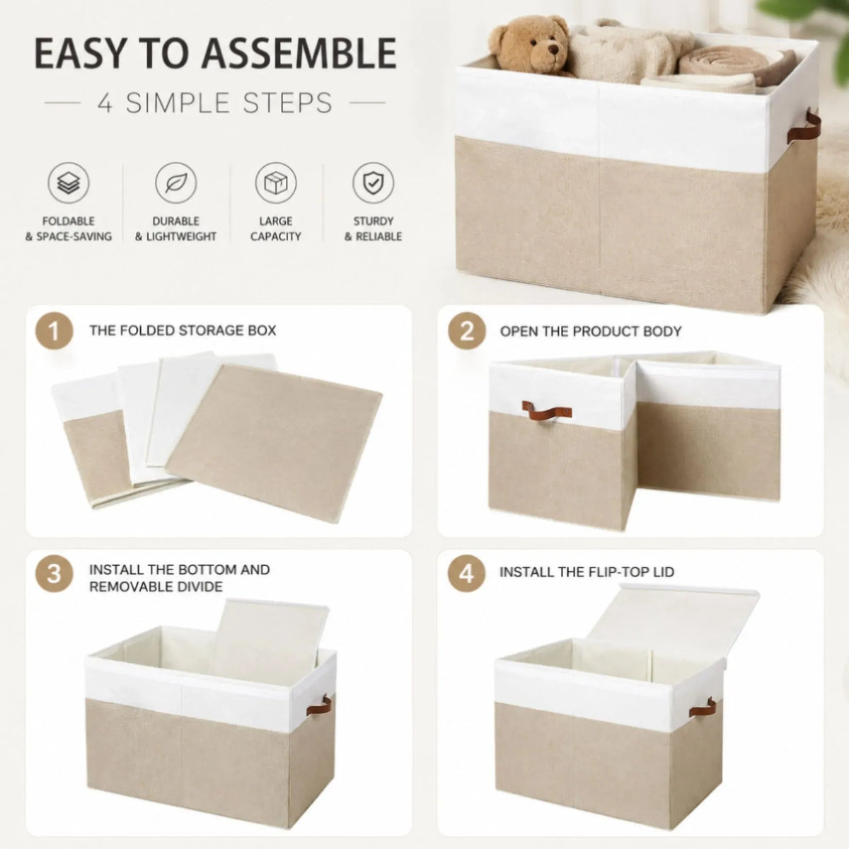 Large Foldable Toy Storage Box with Lid and Organiser - Beige Linen - Home & Garden > Storage > Clothing & Wardrobe Storage - Rivercity House & Home Co. (ABN 18 642 972 209) - Affordable Modern Furniture Australia